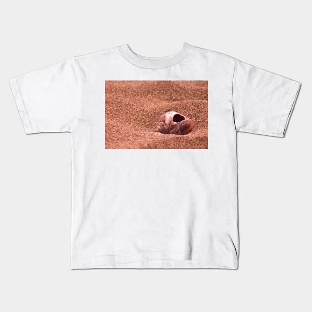 Seasnail shell with hole on the sandy beach, nostalgic photography Kids T-Shirt by KINKDesign